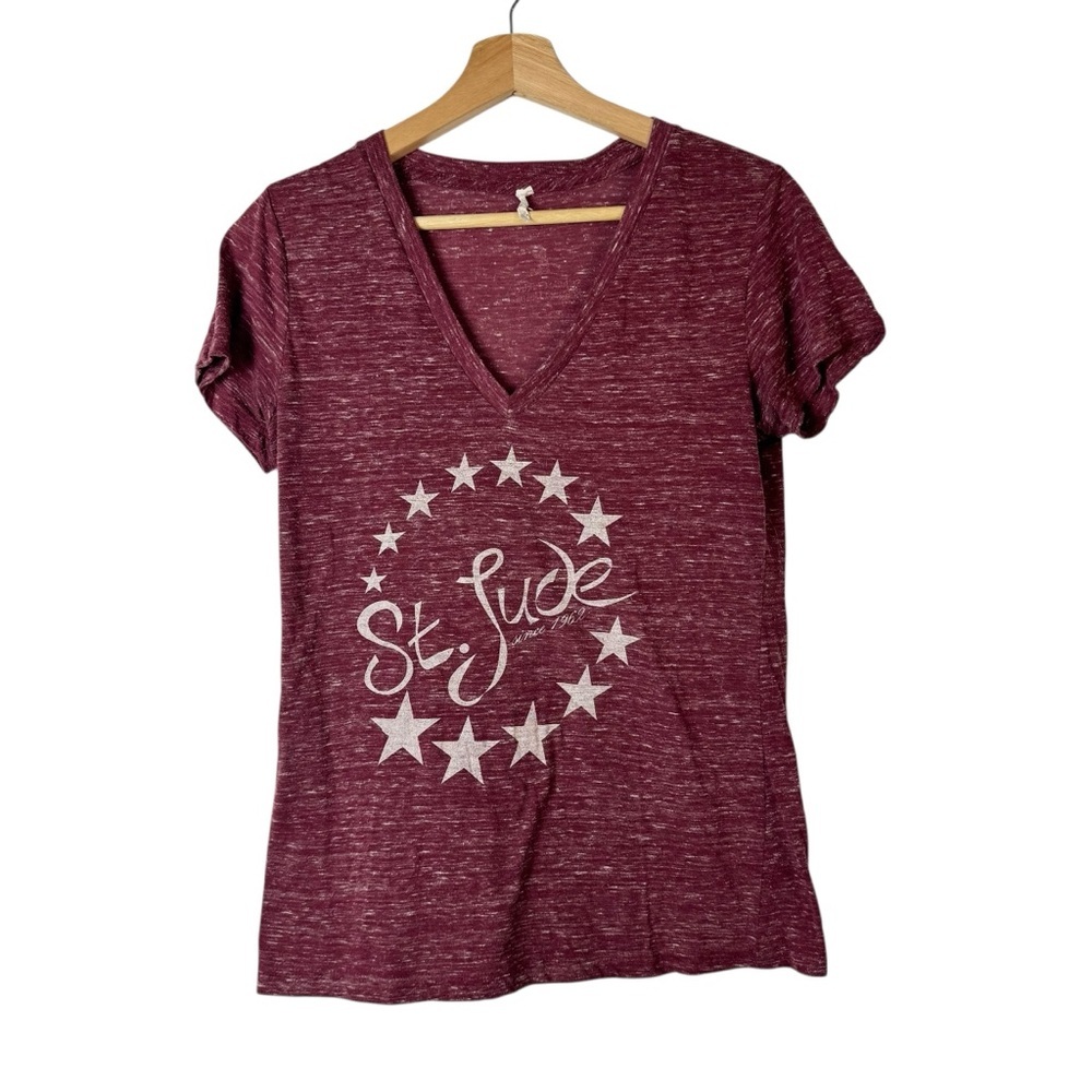 Boutique St. Jude Star Graphic Heather Maroon Red V-Neck Short Sleeve T-Shirt L